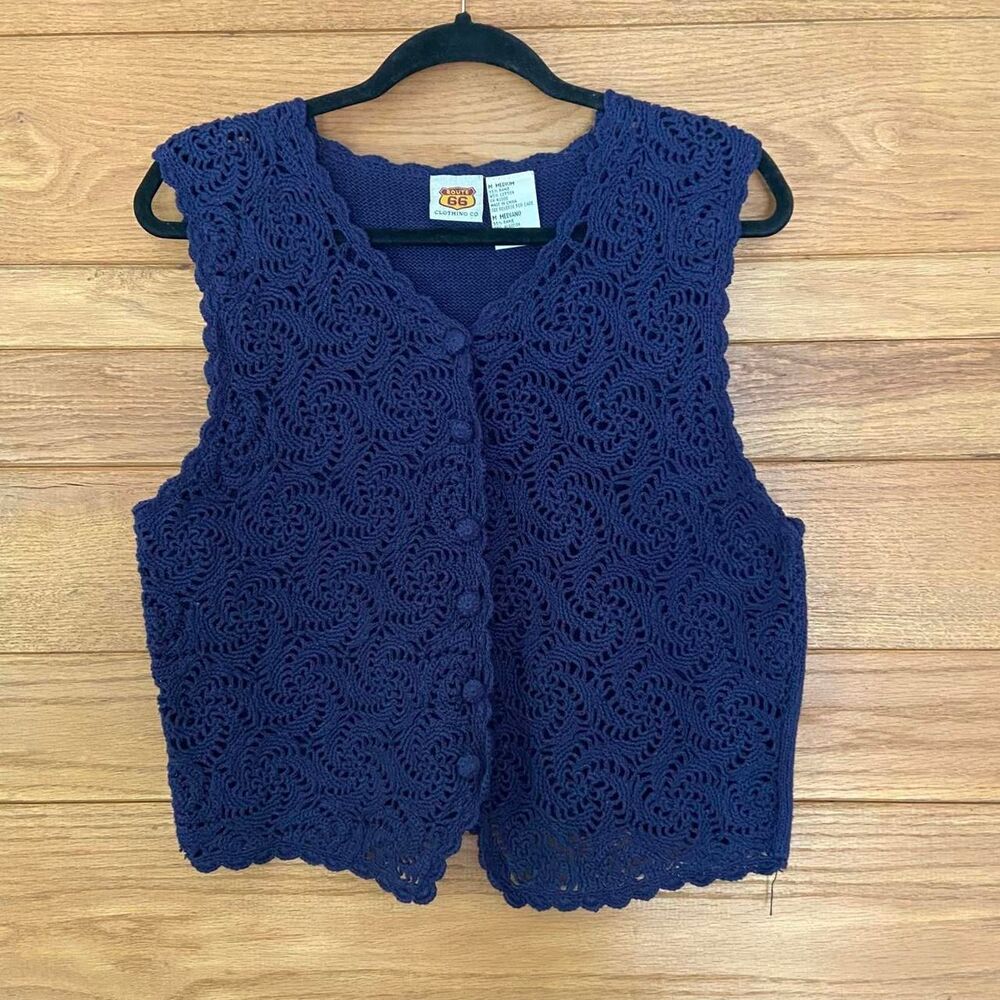 Vintage 90s Route 66 navy blue floral crochet button front sweater vest